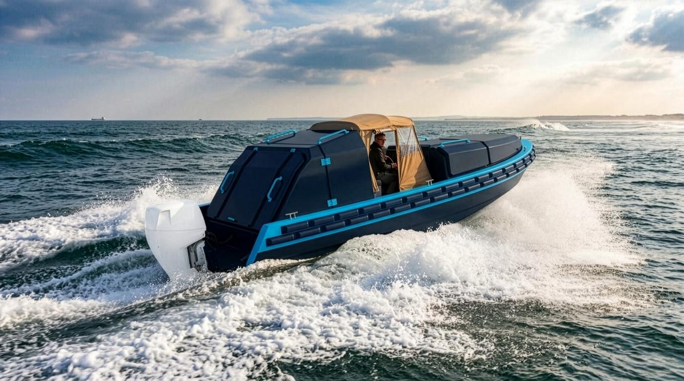A SeaBreather vessel under way at speed, dark hull with azure trim throwing spray, an industrial coastline low on the horizon behind it